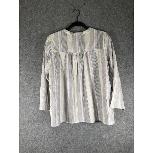 Splendid Top Women Medium Blue Striped Long‎ Sleeve V Neck Linen Blend Coastal - Picture 6 of 7